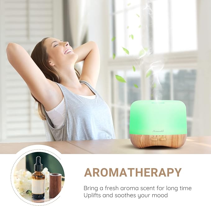 Aromatherapy Essential Oil Diffuser for Room: Colorful Aroma Air Humidifier with Adjustable Cool Mist Mode, Waterless Auto Off Ultrasonic Diffusers for Large Small Room Home Office 500ML