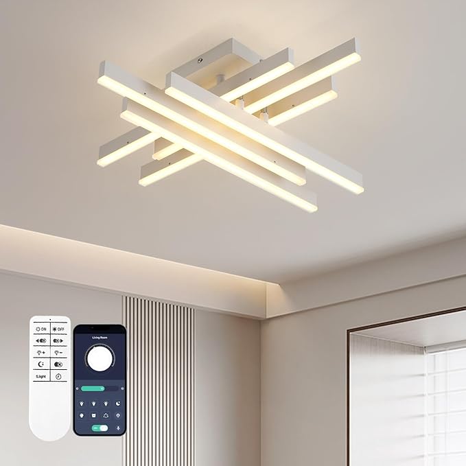 Modern LED Ceiling Light with Remote, Dimmable 21-inch Ceiling Lights for Bedroom Living Dining Room Kitchen, White Flush Mount Ceiling Light Fixture LED Chandelier Ceiling Lamp (6-Light)