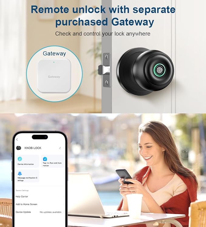 Fingerprint Door Lock, Smart Fingerprint Door Knob with Lock, Biometric Door knob with App Control & Key, Keyless Thumbprint Entry Door Lock for Bedroom, Front Door, Home, Apartment Office-Matte Black
