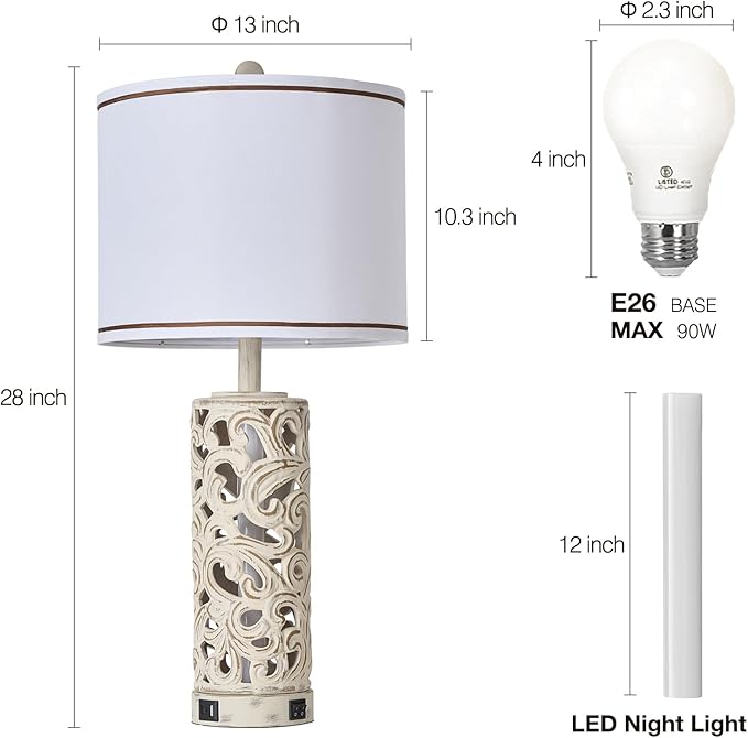 AIDENOEY Set of 2 Farmhouse Table Lamps with 2 USB Charging Ports, Vintage Carved Bedside Lamps with Smart Dimmable Bulbs, Rustic Nightstand Lamps for Bedroom Living Room Home Decor