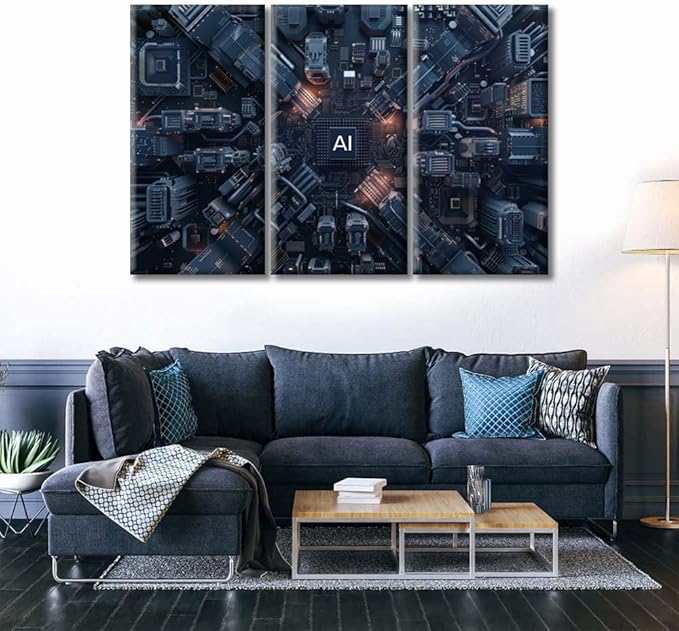 Modern CPU Card with Circuit and Colorful Lights Living Room Decor AI Canvas Prints 3 Panel Modern Wall Art Giclee Gallery-Wrapped Posters & Prints Artwork Wall Decor for Bedroom 60" Wx40 H