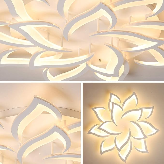 Garwam LED Dimmable Flower Shape Ceiling Light 14-Head Modern Petal Flush Mount Ceiling Lamp with Remote Control White Metal Acrylic Ceiling Chandelier Lighting for Living Room Bedroom Dining Room
