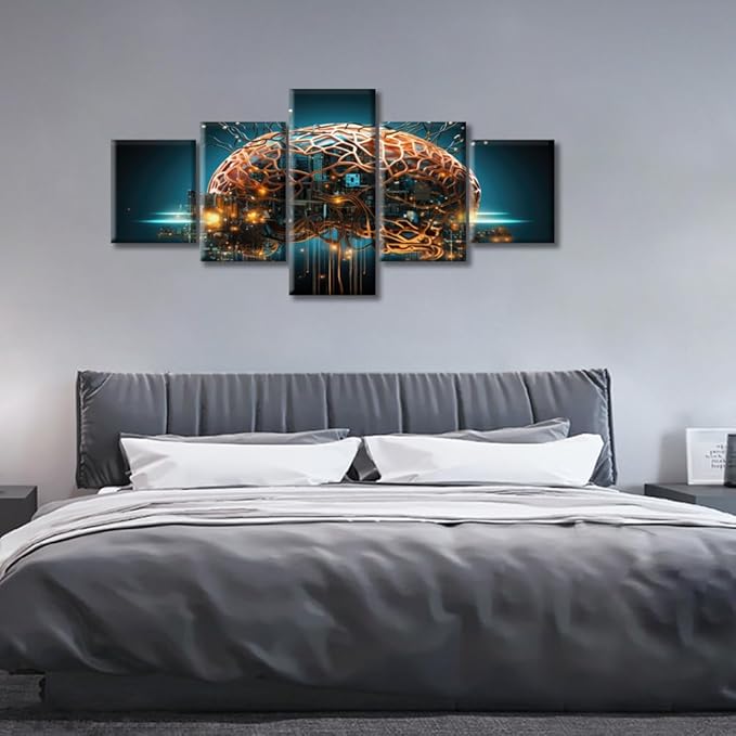 House Decor Brain Nervous System Wall Pictures for Living Room Artificial Intelligence Pictures Canvas Wall Art Modern 5 Panel Wall Painting Prints on Canvas Framed Ready to Hang, (50"Wx24"H)