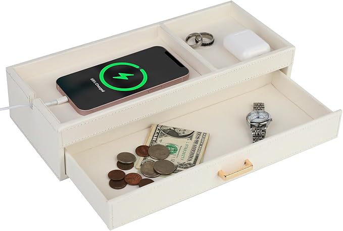 HofferRuffer Valet Jewelry Tray Organizer with Drawer, Faux Leather Storage Catchall Box Phone Charging Station Tray with Dresser Nightstand Desktop Drawer Organizer (White)
