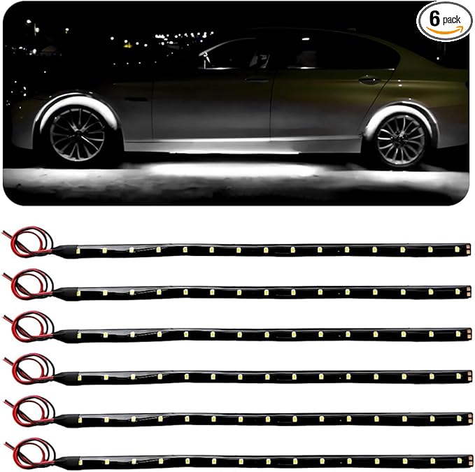 6 PCS 15 LED Strip Underbody Light, DC 12V 1Ft Flexible Underglow Car LED Light Strip with 6 Inch Wire, Waterproof LED Interior Exterior Decoration for Car Truck Motorcycle (White)