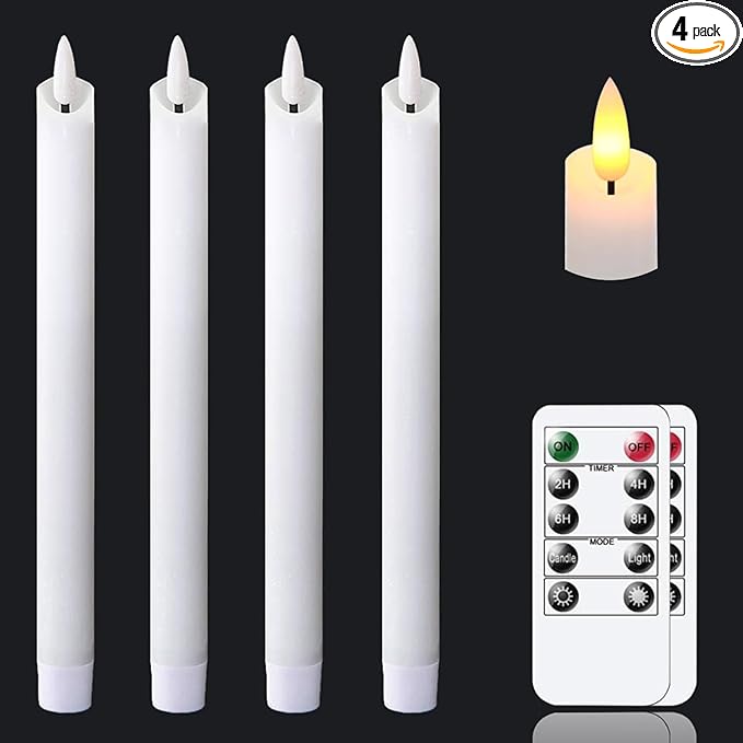 salipt Flameless White Taper Candles Flickering with Timer and 10-Key Remote, Battery Operated LDE Warm 3D Wick Light Window Candles Real Wax Pack of 4, Christmas Home Wedding Decor(0.78" X 9.64")
