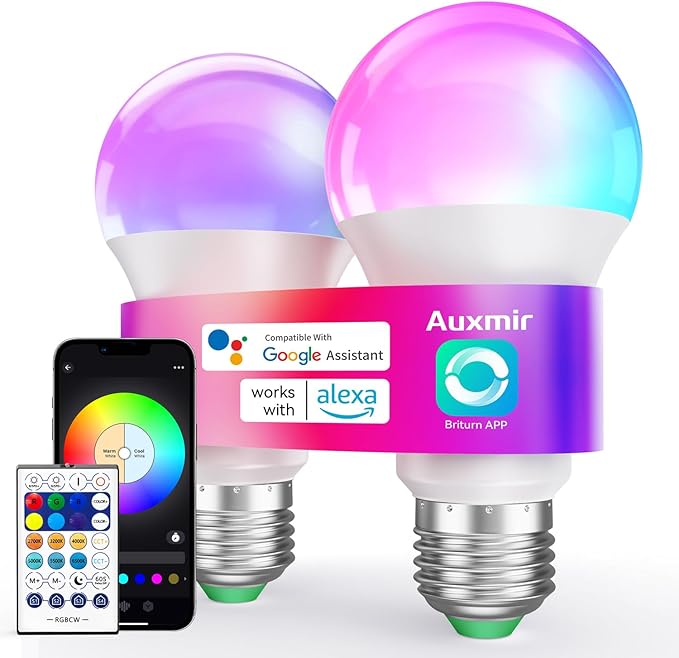 Auxmir Smart Light Bulbs, RGB+CCT Color Changing LED Light Bulbs Work with Alexa & Google Home, Multiple Scene and Music Sync Light Bulb, A19 9W 800LM, WiFi Bluetooth 2.4GHz No Hub Required, 2-Pack