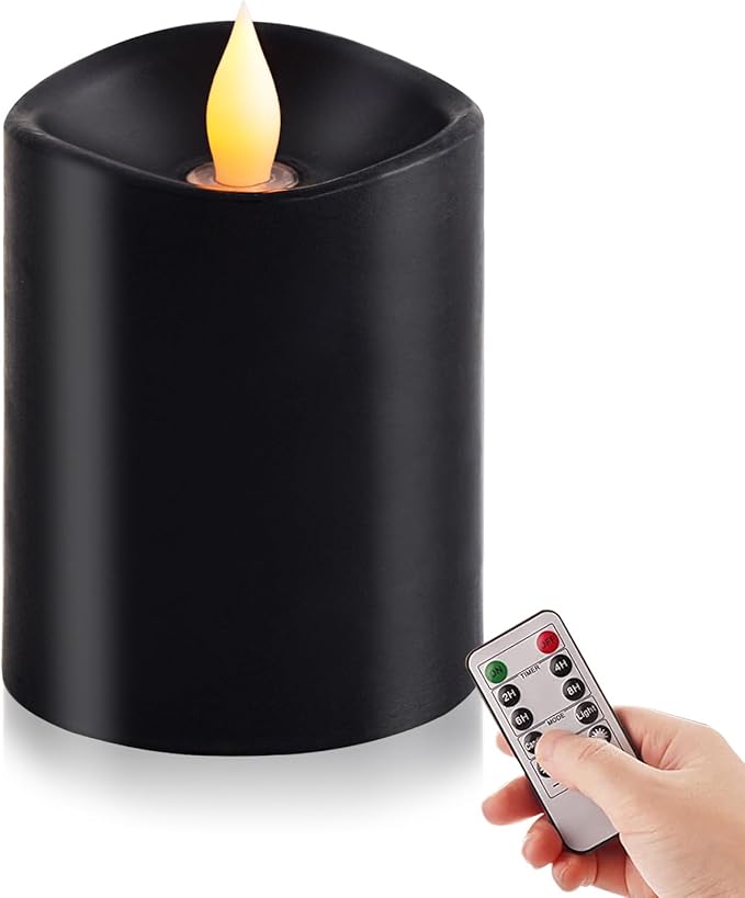 3x4 Flickering Flameless Candles Set of 1, 2AA Battery Life 600 Hours Battery Candles Flickering with Timer,4 inch Flameless Candles with Remote for Home Wedding Party Halloween Decoration, Black