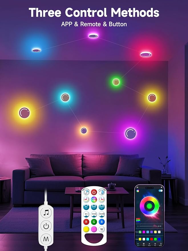 Smart Wall Light, 9-Piece LED DIY Constellation Light, Led Strip Lights, RGB Color Changing, App & Remote Control, Music Sync, Ambient Lighting for Bedroom, Living Room, Gaming, and Home Decor
