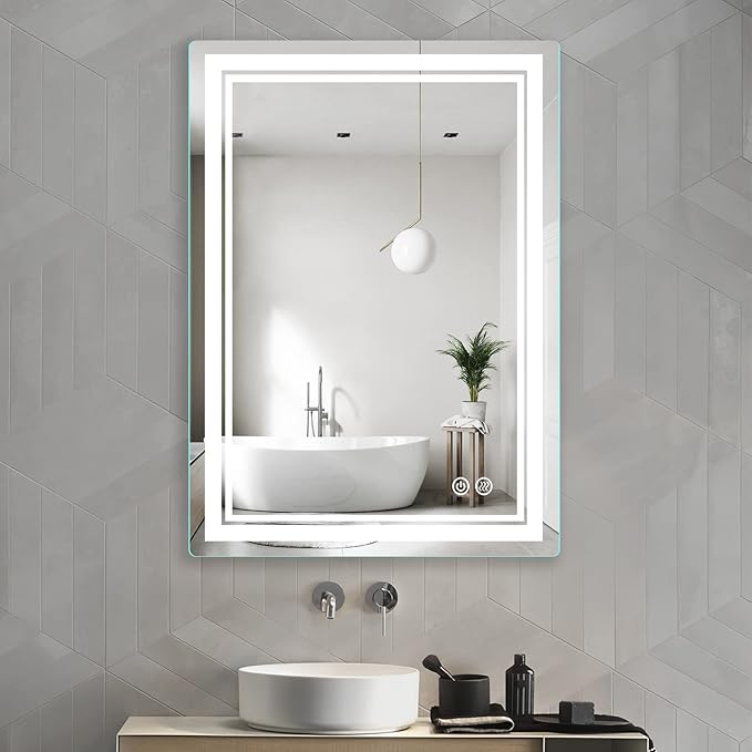 28x20 inch LED Lighted Bathroom Mirror with Anti-Fog, Fashion Bathroom Decor Vanity Mirror with Dimmable, Smart Control, Memory, Adjustable Warm White/Natural/Daylight, Birthday Wedding Gift
