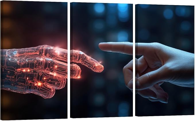 LSIUHWUWI Modern Wall Art 3 Panel The Human Finger touches the Robot's Finger Pictures Print on Canvas for Wall Art Decoration, Wooden Frame Artwork Ready to Hang 20x40inchx3