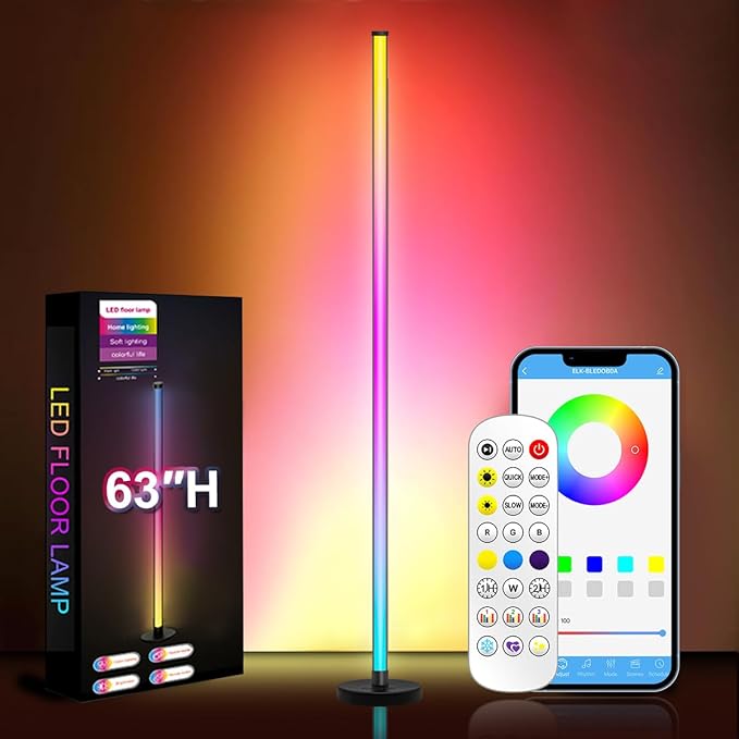 LED Floor Lamp, 63-Inch RGB Corner Light with Music Sync, Smart App Control, 16 Million Colors, Remote Control for Living Room, Bedroom, Gaming Room (1 Pack)