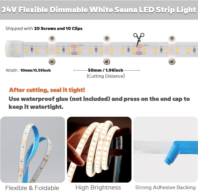 SuperlightingLED DC24V 4000K White Sauna LED Strip Lights High Temp, Flexible Long 5m 16.4ft 120 LEDs/m Heat Resistant Waterproof LED Strip Light IP68 for Steam Room Lighting (4000K Natural White)