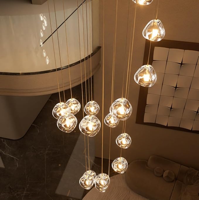 Glam Chandelier with LED Dimmable Bulbs Bubble Crystal Balls Glam Chandeliers High Ceiling Pendants Light Fixtures Adjustable Long Lights Gold Light