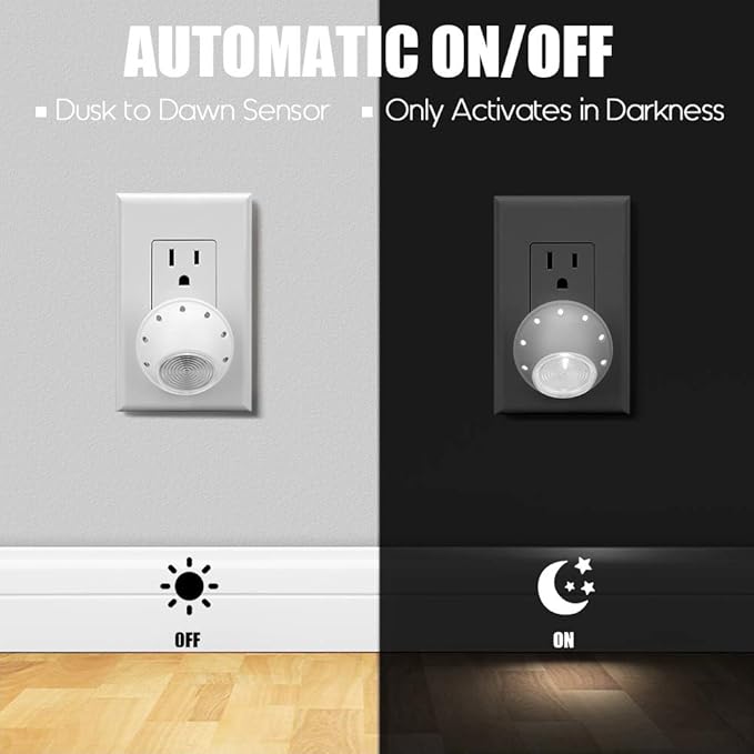 Emotionlite Plug-in Night Lights, Neutral White LED Nightlight, 360° Rotation, Dusk to Dawn Sensor, Kids, Adult, Bedroom, Hallway, Bathroom,Kitchen, Stairways, Corridor, 4 Pack