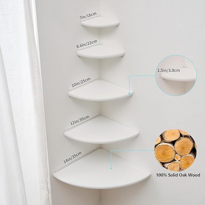 Corner Shelf, Solid Oak Wood Floating Corner Shelf Wall Mount Round End Floating Speaker Shelves with Wire Hole for Small Plant Photo Frame for Bedroom Kitchen, Living Room (White, 8.7in)