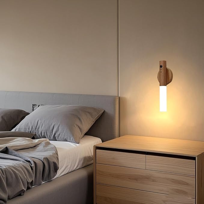 LANDGOO RGB Motion Sensor Night Light, Color Changing Atmosphere Lamp, Battery Powered Rechargeable LED Wood Wall Sconce for Home Party Lighting (RGB Ash Wood 2PCS)