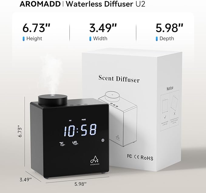 2026 Smart Waterless Diffuser, 2000 Sq.Ft Cold Air Scent Diffuser with Clock & Environmental Display | 7 Fragrance Levels, 9 Timer Settings, Hotel Collection Diffuser for Home & Large Rooms (Black)