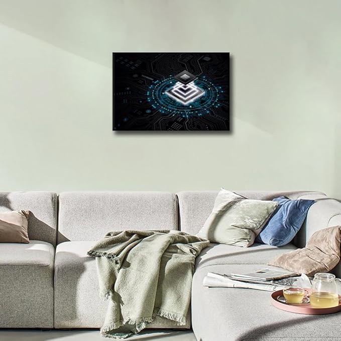 TUMOVO CPU Concept Wall Art Painting on Canvas Technology Digital Art Bedroom Wall Art Modern Home Decor Computer Chip House Decorations for Living Room Pictures Stretched Frame, 18x12in