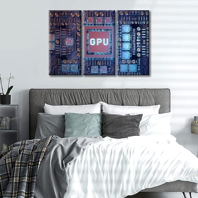 TUMOVO Modern GPU Card with Circuit and Colorful Lights Bathroom Decor Wall Art 3 Piece Motherboard Digital Chip Bedroom Decor Posters and Prints Framed Ready to Hang (36" Wx24 H)