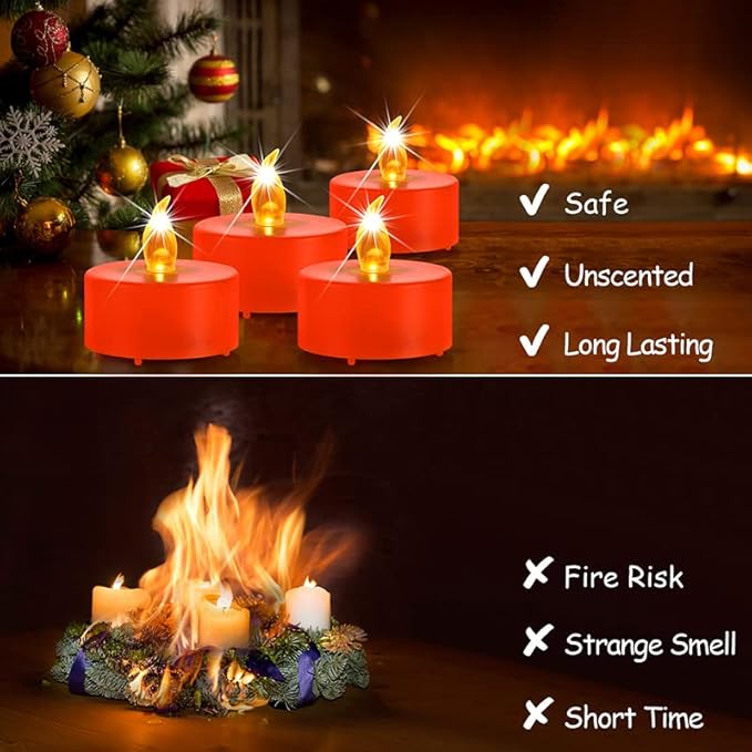 Battery Operated Tea Lights Candles: 24 Pack Realistic and Bright Flickering Holiday Gift Flameless LED Electric Candles for Seasonal & Festival Party Home Decoration Orange
