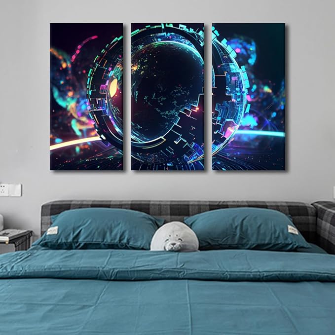 TUMOVO 3 Piece Canvas Wall Art Cyber Space 3D Posters Digital World Canvas Prints Art for Living Room Bedroom Decoration, Artificial Intelligence Artwork Giclee Framed Ready to Hang, 60" Wx40 H