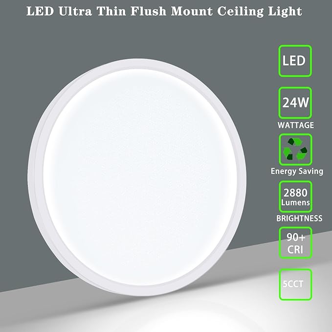LED Flush Mount Ceiling Light Fixture, 24W 12Inch 3000K/3500K/4500K/5000K/6500K 5 Color Changeable 2880LM Low Profile Ceiling Light for Bedroom, Living Room, Dining Room, Hallway White