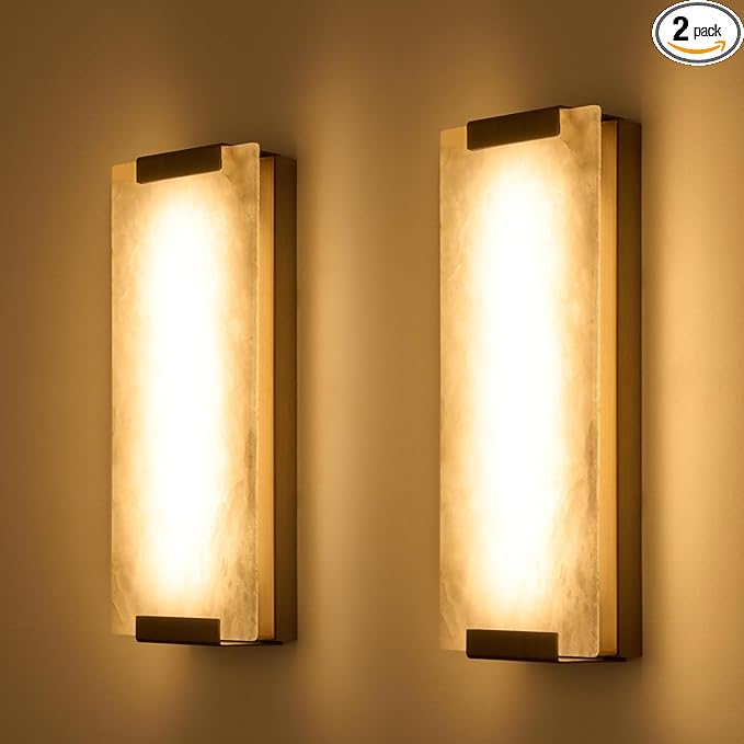 14.2in Alabaster Wall Sconces, Large Natural Marble Wall Sconces Set of Two, LED Modern Wall Lamp for Bedroom, Stairs, Living Room, Vanity, Bedside, Hallway （Brushed Bronze 12W）