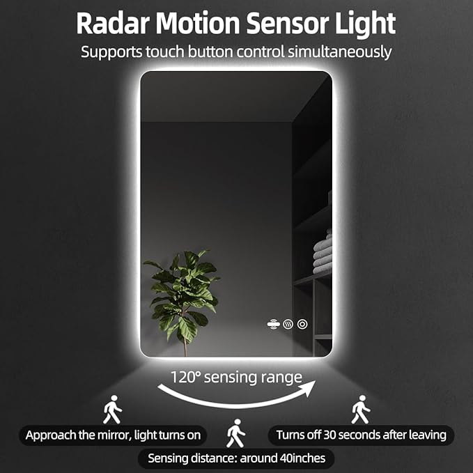 30 x 36 LED Bathroom Mirror, Frameless Rounded Corner Rectangle Backlit Mirror Bathroom, Anti-Fog, 3-Color Stepless Dimmable Lighted Mirror, Motion Sensor Lights, Memory Function