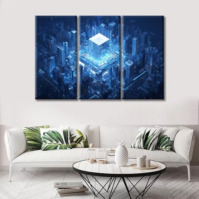 Framed Wall Art AI Advanced Circuitry Painting Canvas Wall Art Smart City Posters Wall Decor for Bedroom CPU Concept Home Decor Giclee Print Gallery Packaging Artwork (42" Wx28 H)