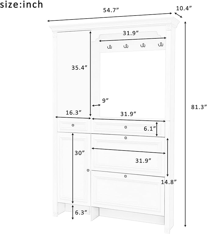 54.7'' Hall Tree with Integrated Shoe Cabinet and Mirrored Cabinet Door, Coat Hanger, Entryway Bench, 4 Hooks and 2 Cabinets, 4-in-1 Design Hall Tree with 2 Flip Drawers for Entrance, Living Room