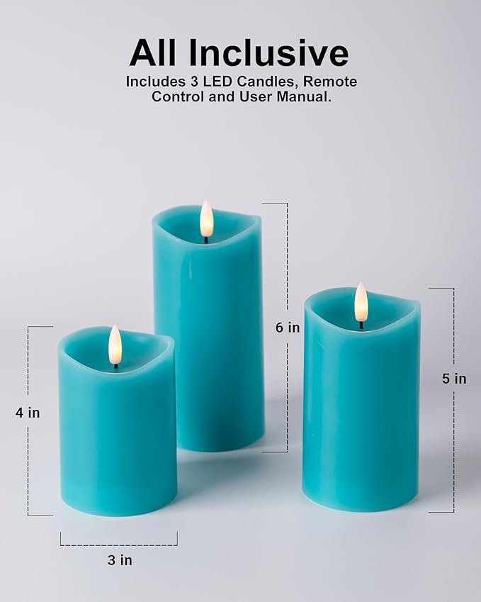 Teal Flameless Candles with Remote Timer, Real Wax Made LED Pillar Candles Battery Operated with 3D Flickering Flame, Teal Bathroom Accessories, Turquoise Set of 3 (3" x 4",5",6")