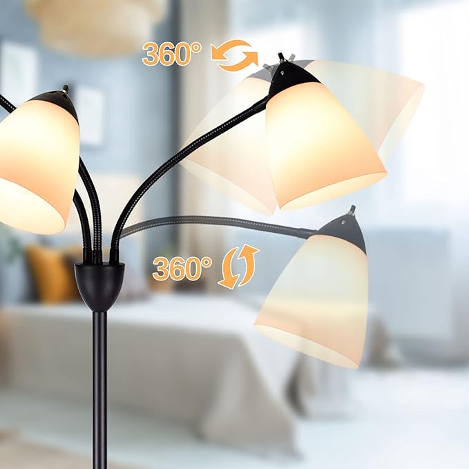 DINGLILIGHTING DLLT Modern Reading Floor Lamp, 3-Light with Adjustable Flexible Gooseneck Tree Standing Lamp for Living Room, Bedroom, Study Room, Office -Black Metal White Shades, E26 Base