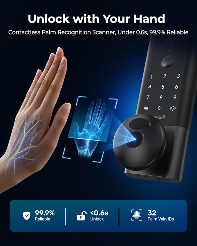 Palm Vein Smart Lock with 2K Security Camera & Video Doorbell, Anybell Keyless Entry Wi-Fi Deadbolt for Front Door, AI Local Storage, Auto Lock, App Remote Control, Home Security