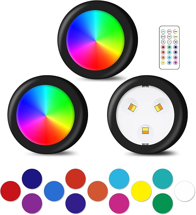 LED Lights with Wireless Remote, 13 Color RGB - for Closet, Under Cabinet,Bedroom Wall, Battery Powered Puck Lights. Convenient 3M Stick On