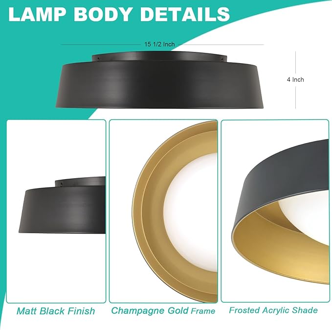 15.5 Inch LED Flush Mount Ceiling Light Fixture, 26W, Super Bright 1800 Lumen, 3 Color 3000K/4000K/5000K, Matt Black with Gold Inside, Dimmable Ceiling Lamp for Bedroom Hallway Bathroom Outdoor