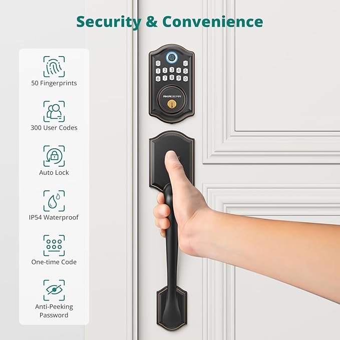 DS10 Pro Keyless Entry Door Lock with Handle Set, Smart Front Door Locks Set, Electronic Keypad, Fingerprint Deadbolt, Bluetooth APP Control, Auto-Lock & One Touch Locking, Oil Rubbed Bronze