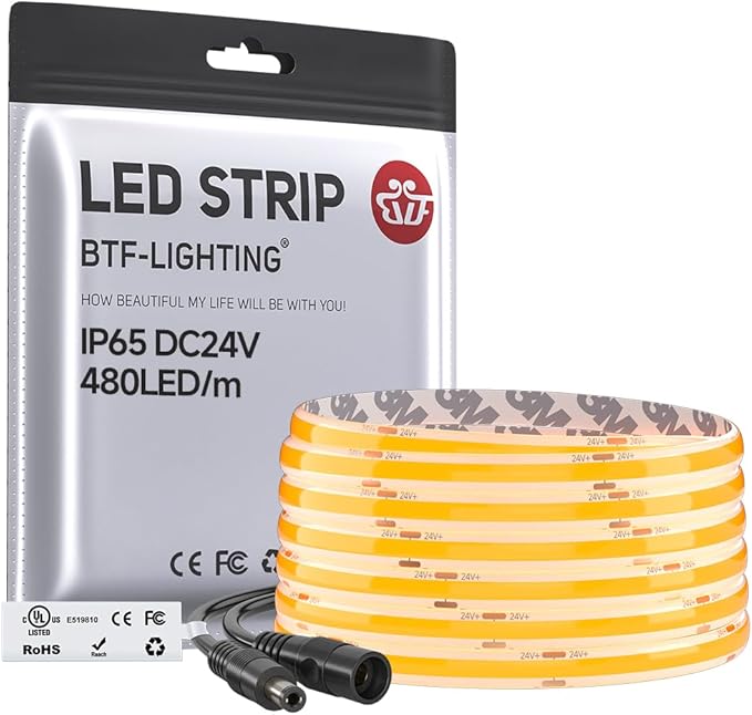 BTF-LIGHTING FCOB IP65 Waterproof Orange Color COB LED Strip 16.4FT DC24V 480LED/m 8mm Width Flexible High Density CRI 90+ Dimmable LED Light for Home Indoor Decor(No Controller or Adapter)
