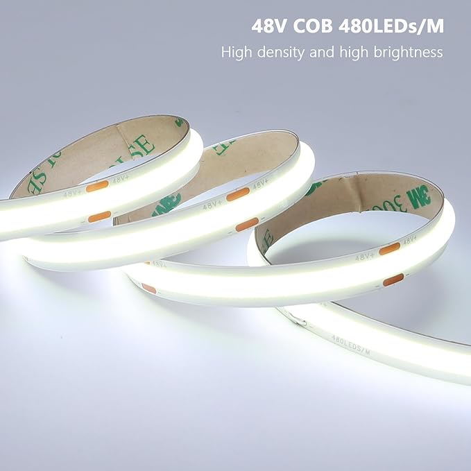 48V COB LED Strip Light 65.6ft, 6000K Cool White Flexible Cuttable LED Tape Lights 8W/M 480LEDs/M CRI 92 with AC 110V Power Supply for Bedroom Ceiling Living Room Commercial