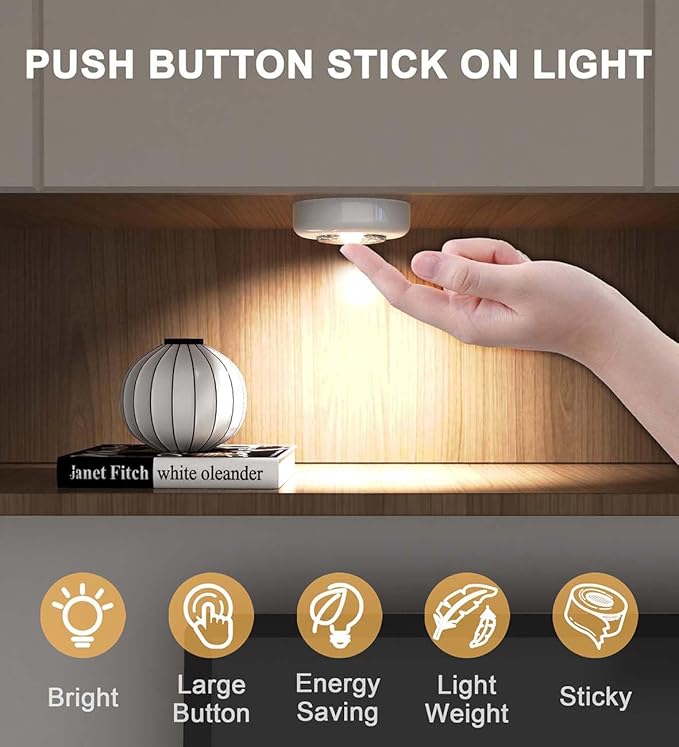 Tap Light Battery Powered, Push Light Battery Operated Wireless Touch Lights Stick On Puck Lights Under Cabinet Lighting for Closets Kitchen Indoor and More [4 Pack]