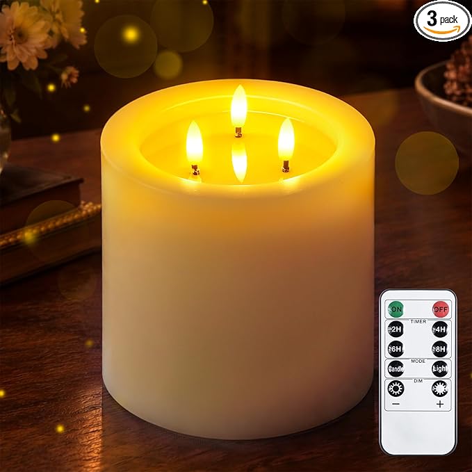 3-Wick 6"x6" Extra Large Real Wax Flameless Pillar Candles with Remote Control and Timer Function, Candle Grease White Battery Operated LED Flickering 3D-Wick (Long Lasting, Warm Fire)