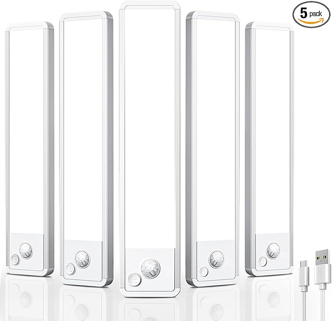 Under Cabinet Motion Sensor Lighting: 10 Inch Dimmable Rechargeable Lights Indoor - Battery Operated Lights - Undercabinet Closet Light Magnetic Led Light for Kitchen Home Bathroom Counter 5 Pack