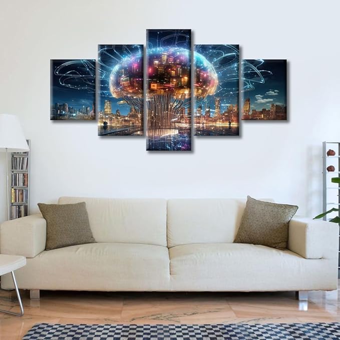 Brain Nervous System Canvas Wall Art for Living Room City Smart Brain Modern Home Decor Human Brain Energy Printed Posters Artwork for Bedroom Office Painting Pictures Ready to Hang (60"Wx32"H)