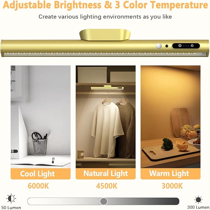 Hapfish Motion Sensor LED Light Bar Indoor, Rechargeable Under Cabinet Lighting Wireless, Magnetic Battery Powered Operated Wall Strip Lights with Remote Control for Picture Mirror Closet Room –Gold