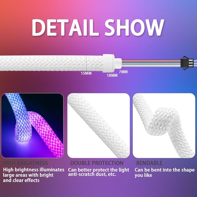 9.8FT WS2811 WS2812B 360 Degree Round Reticulate Pattern Neon LED Strip 50Leds/m Smart RGB+IC Flexible Silicon Dream Color Rope Light Tape DC5V(No Adapter or Controller)