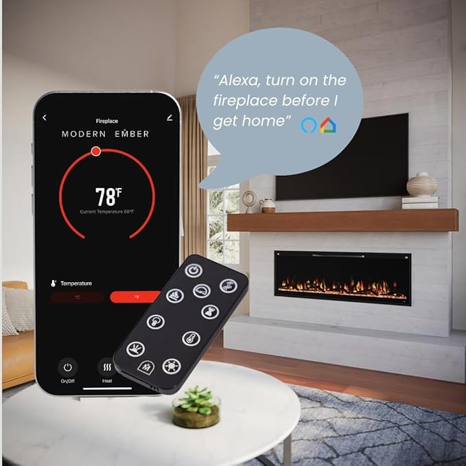 Modern Ember Aerus Slim 50 Inch Smart Linear Electric Fireplace | Recessed in-Wall or Wall-Mount | LED Multiple Flame Colors | Alexa/WiFi Enabled | 4.25” Profile | Remote Included