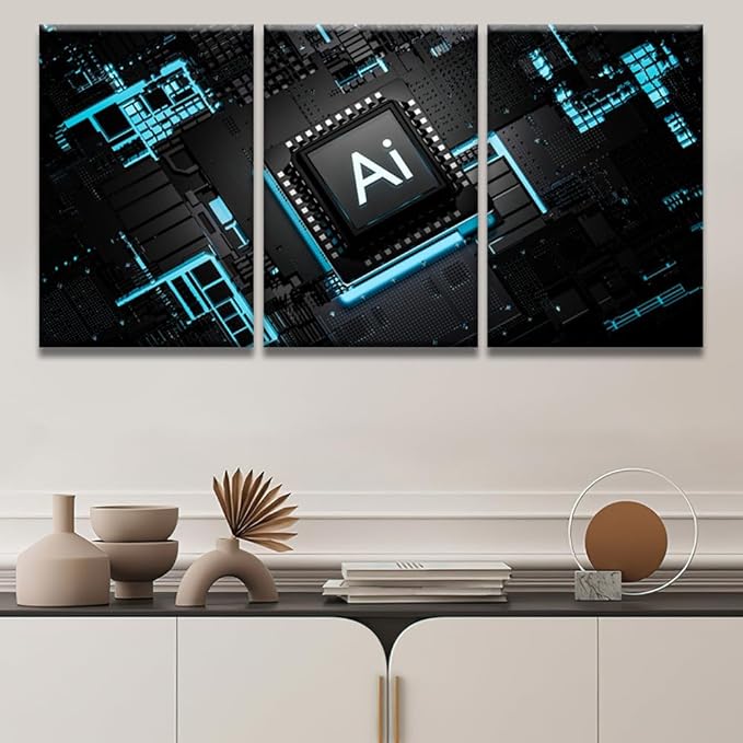LSIUHWUWI 3 Panel Wall Decor CPU Pictures Posters, Artificial Intelligence Processor Smart Microchip Wall Art for Living Room Bedroom Decoration, Ready to Hang, 16x24inchx3