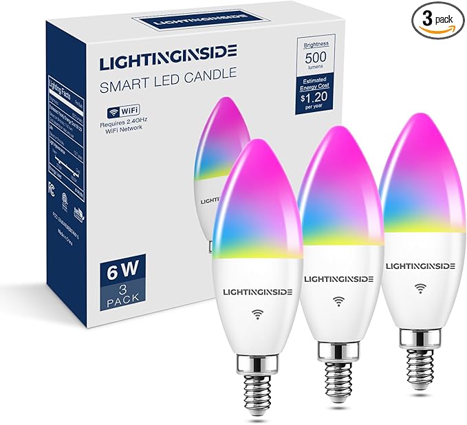 Lightinginside E12 Smart Light Bulbs 60W Equiv., 500LM 6W RGBCW Candelabra Chandelier Candle Bulb Works with Alexa/Google Home/Smart Life, 2.4G WiFi Bluetooth Bulbs, No Hub Required, ETL Listed, 3PCS