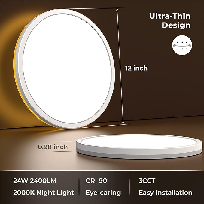 Matane 2Pack LED Flush Mount Ceiling Light Fixture with Night Light, 12inch 24W 2400LM 3000K/4000K/5000K Selectable, Dimmable LED Ceiling Lights for Bedroom, Dining Room, Kitchen, Round White