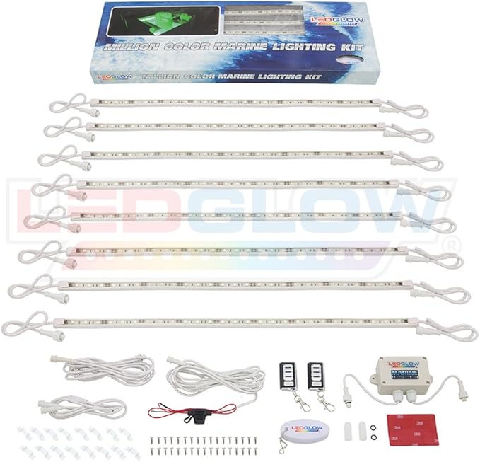 LEDGlow 8pc Million Color LED Boat Marine Deck & Cabin Accent Lighting Kit - 20" Waterproof Flexible Light Strips - Screw Cap Connectors with O-Rings - Includes Control Box & Wireless Remote